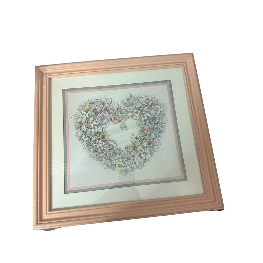 Vintage Home Interiors Floral Heart W/Butterflies Framed Picture grandma core‎